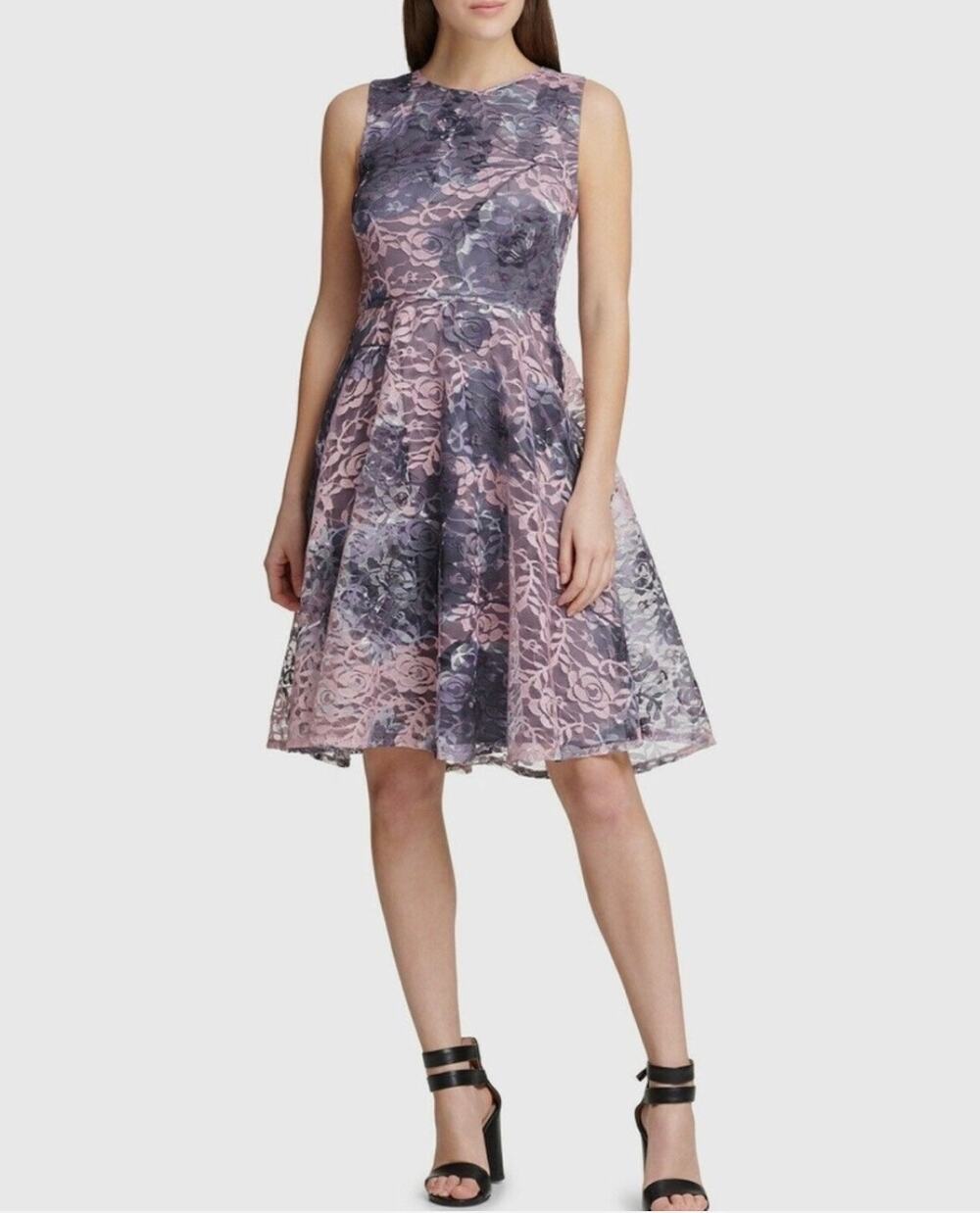 DKNY Womens Floral Lace Sleeveless Fit & Flare Dress in Pink/Gray Size 14 NWT